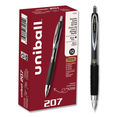 Image of uniball® Signo 207 Gel Pen, Retractable, Fine 0.5 mm, Black Ink, Smoke/Black Barrel, Dozen
