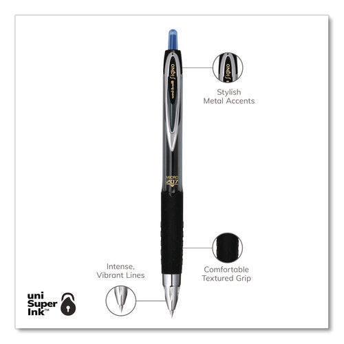 Image of uniball® Signo 207 Gel Pen, Retractable, Fine 0.5 mm, Blue Ink, Smoke/Black/Blue Barrel, Dozen