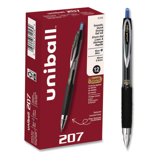 Image of uniball® Signo 207 Gel Pen, Retractable, Fine 0.5 mm, Blue Ink, Smoke/Black/Blue Barrel, Dozen