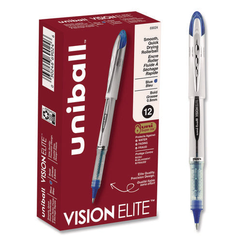 Image of uniball® VISION ELITE Hybrid Gel Pen, Stick, Bold 0.8 mm, Blue Ink, White/Blue/Clear Barrel