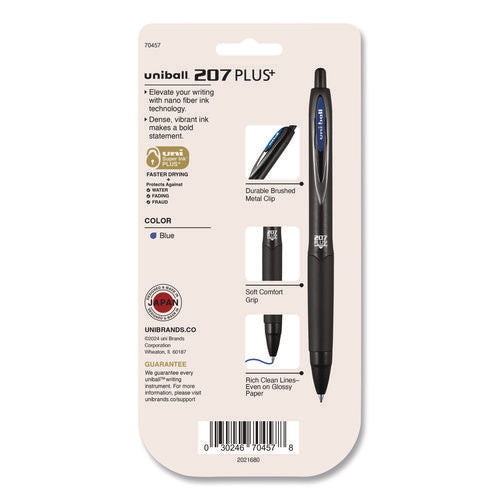 Image of uniball® 207 Plus+ Gel Pen, Retractable, Medium 0.7 mm, Blue Ink, Black Barrel, 4/Pack