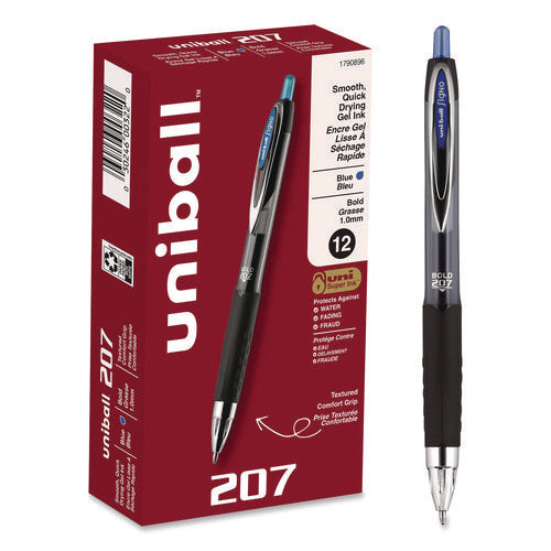 Image of uniball® Signo 207 Gel Pen, Retractable, Bold 1 mm, Blue Ink, Smoke/Black/Blue Barrel, Dozen