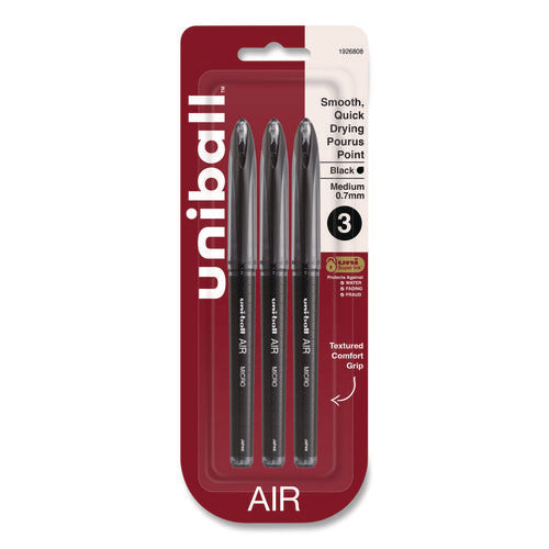Image of uniball® Air Porous Gel Pen, Stick, Medium 0.7 Mm, Black Ink, Black Barrel, 3/pack