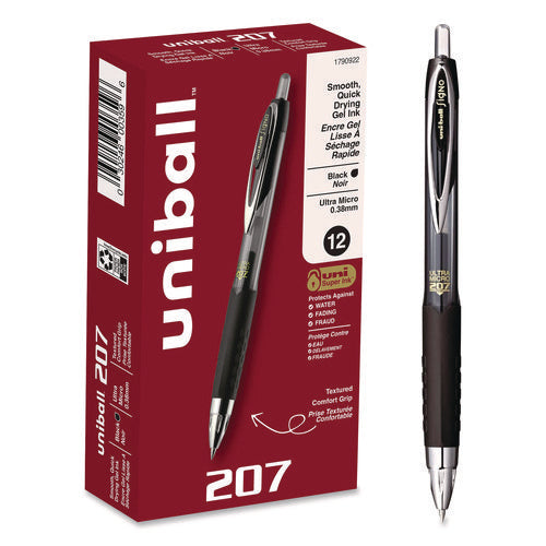 Image of uniball® 207 Ultra Micro Gel Pen, Retractable, Ultra-Micro 0.38 mm, Black Ink, Clear/Black Barrel
