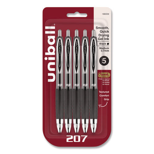 Image of uniball® Signo 207 Gel Pen, Retractable, Medium 0.7 mm, Black Ink, Clear/Black Barrel, 5/Pack
