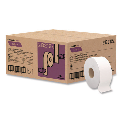 Image of Cascades PRO Select Jumbo Bath Tissue, Septic-Safe, 1-Ply, White, 3.3" x 2,000 ft, 12 Rolls/Carton