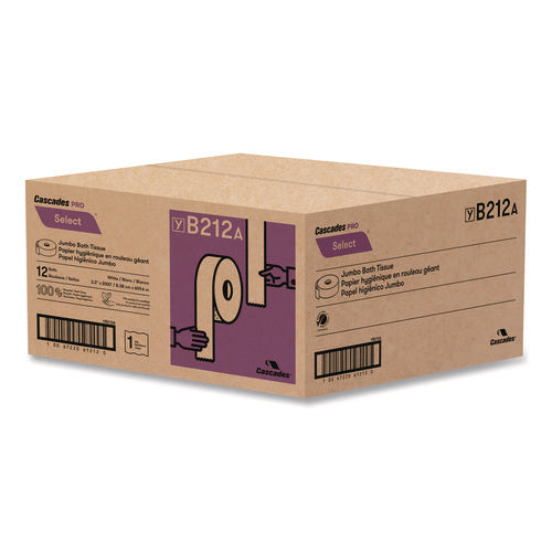 Image of Cascades PRO Select Jumbo Bath Tissue, Septic-Safe, 1-Ply, White, 3.3" x 2,000 ft, 12 Rolls/Carton