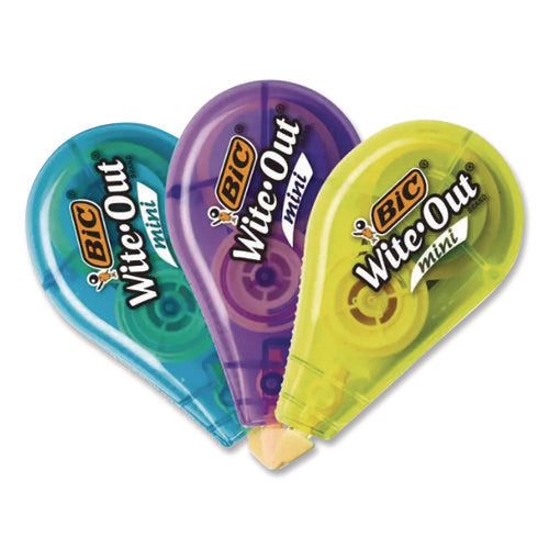 Image of BIC® Wite-Out Brand Mini Correction Tape, Non-Refillable, Blue/Purple/Yellow Applicators, 0.2" x 314.4", 3/Pack