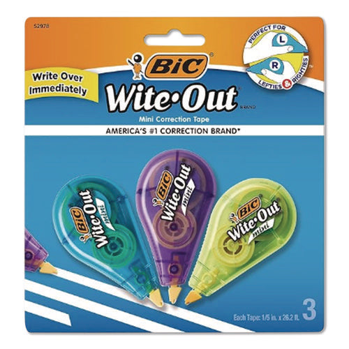 Image of BIC® Wite-Out Brand Mini Correction Tape, Non-Refillable, Blue/Purple/Yellow Applicators, 0.2" x 314.4", 3/Pack