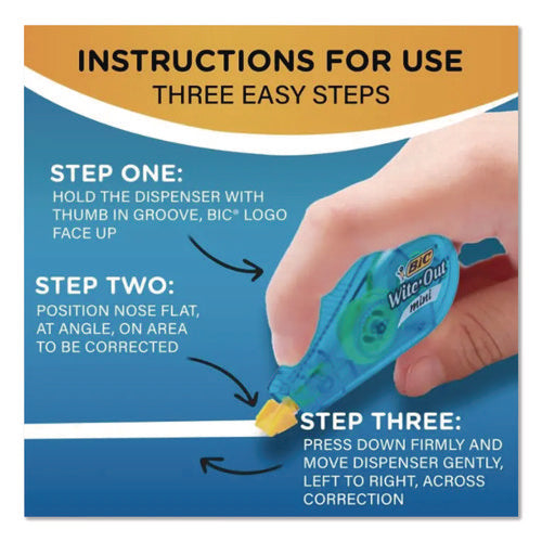 Image of BIC® Wite-Out Brand Mini Correction Tape, Non-Refillable, Blue/Purple/Yellow Applicators, 0.2" x 314.4", 6/Pack