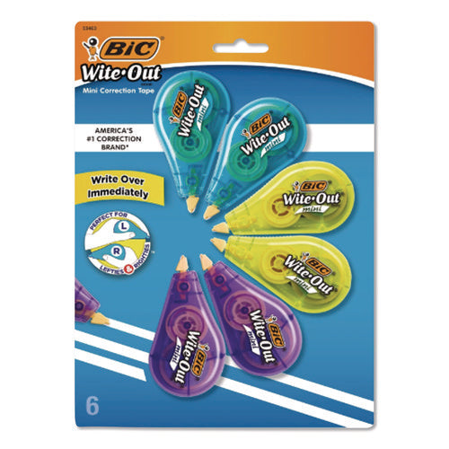 Image of BIC® Wite-Out Brand Mini Correction Tape, Non-Refillable, Blue/Purple/Yellow Applicators, 0.2" x 314.4", 6/Pack
