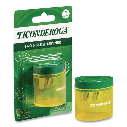 Image of Ticonderoga® Two Hole Pencil Sharpener, 2 x 2 x 1.25, Green/Yellow