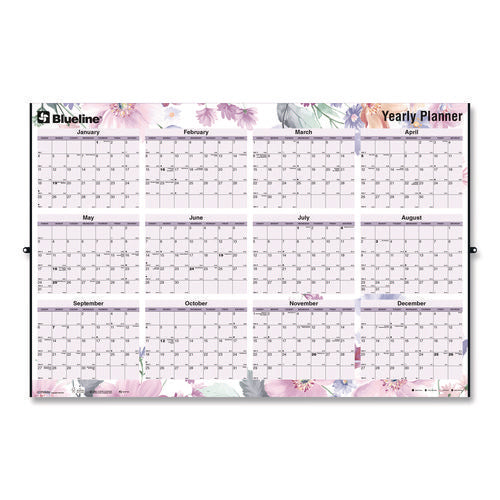 Image of Blueline® Yearly Laminated Wall Calendar, Tropical Watercolor Artwork, 36 x 24, White/Sand/Orange Sheets, 12-Month (Jan-Dec): 2025