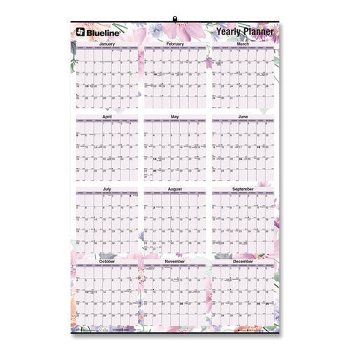 Image of Blueline® Yearly Laminated Wall Calendar, Tropical Watercolor Artwork, 36 x 24, White/Sand/Orange Sheets, 12-Month (Jan-Dec): 2025
