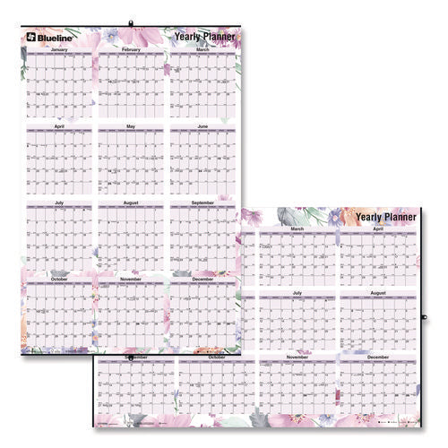 Image of Blueline® Yearly Laminated Wall Calendar, Tropical Watercolor Artwork, 36 x 24, White/Sand/Orange Sheets, 12-Month (Jan-Dec): 2025