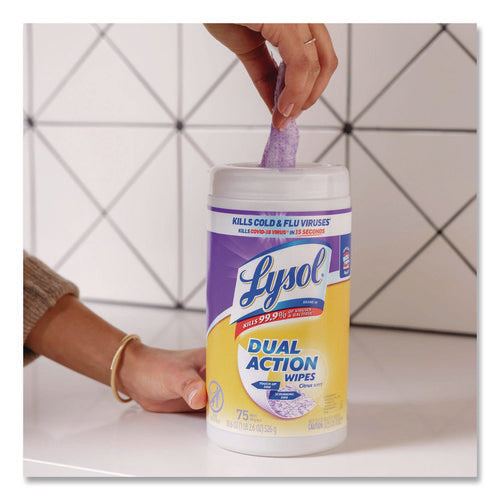 Image of LYSOL® Brand Dual Action Disinfecting Wipes, 1-Ply, 7 x 7.5, Citrus, White/Purple, 75/Canister, 6 Canisters/Carton