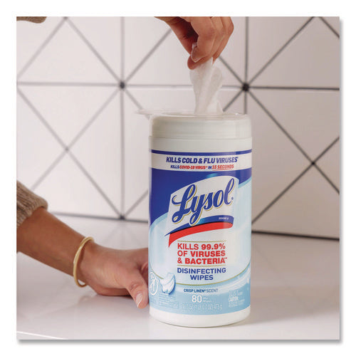 Image of LYSOL® Brand Disinfecting Wipes, 1-Ply, 7 x 7.25, Crisp Linen, White, 80 Wipes/Canister
