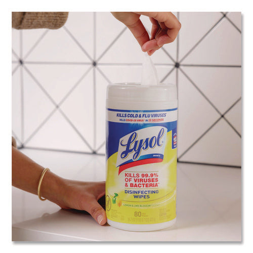 Image of LYSOL® Brand Disinfecting Wipes, 1-Ply, 7 x 7.25, Lemon and Lime Blossom, White, 80 Wipes/Canister, 2 Canisters/Pack, 3 Packs/Carton