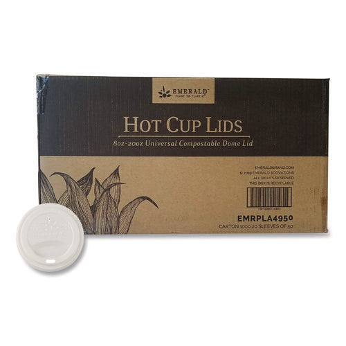 Image of Emerald Plant to Plastic Fully Closed PLA Hot Cup Lid, Fits 8 oz to 20 oz Hot Cups, Plastic, White, 50/Pack, 20 Packs/Carton