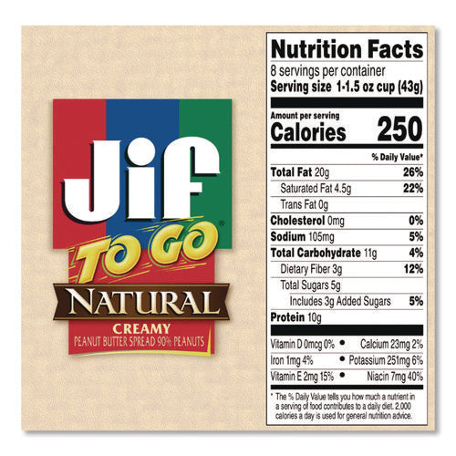 Image of Jif To Go® Spreads, Natural Creamy Peanut Butter, 1.5 oz Cup, 8/Box