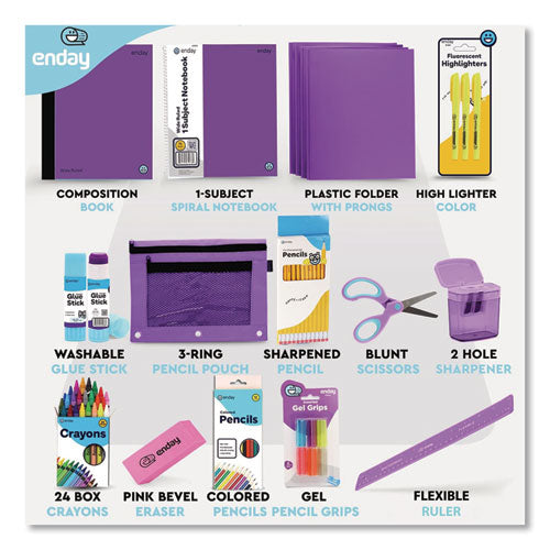 Image of enday Back to School Supplies Kit for Grades K-5, Purple
