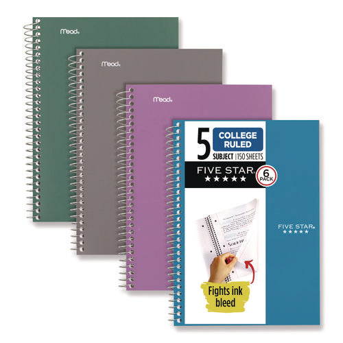 Image of Five Star® Wirebound Notebook, 5-Subject, Medium/College Rule, Assorted Cover Colors, (150) 9.5 x 6.63 Sheets, 6/Pack