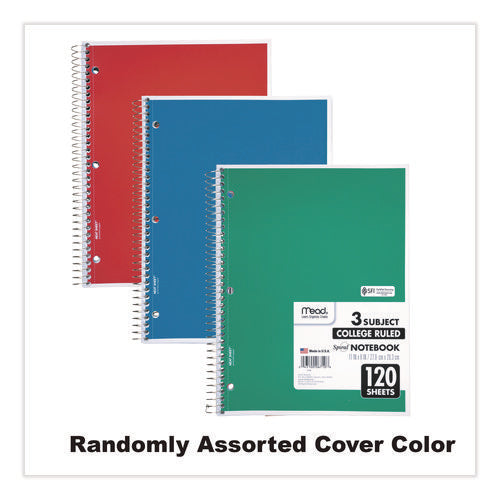 Image of Mead® Spiral Notebook, 3-Subject, Medium/College Rule, Randomly Assorted Cover Color, (120) 11 x 8 Sheets