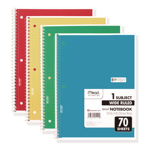 Image of Mead® Spiral Notebook, 1-Subject, Wide/Legal Rule, Randomly Assorted Cover Colors, (70) 10.5 x 8 Sheets, 4/Pack