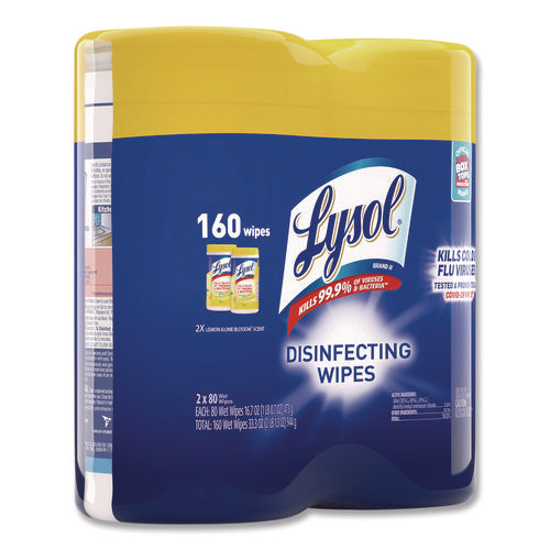 Image of LYSOL® Brand Disinfecting Wipes, 1-Ply, 7 x 7.25, Lemon and Lime Blossom, White, 80 Wipes/Canister, 2 Canisters/Pack, 3 Packs/Carton