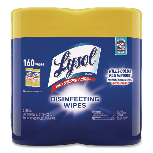 Image of LYSOL® Brand Disinfecting Wipes, 1-Ply, 7 x 7.25, Lemon and Lime Blossom, White, 80 Wipes/Canister, 2 Canisters/Pack, 3 Packs/Carton