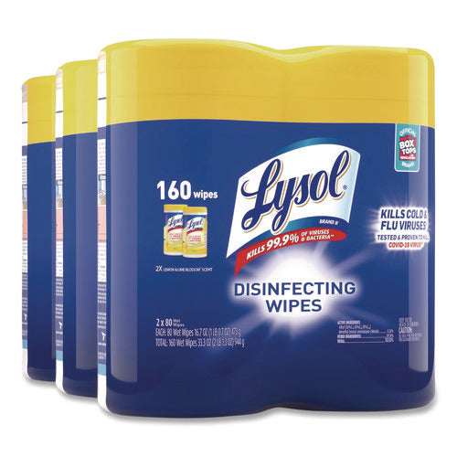 Image of LYSOL® Brand Disinfecting Wipes, 1-Ply, 7 x 7.25, Lemon and Lime Blossom, White, 80 Wipes/Canister, 2 Canisters/Pack