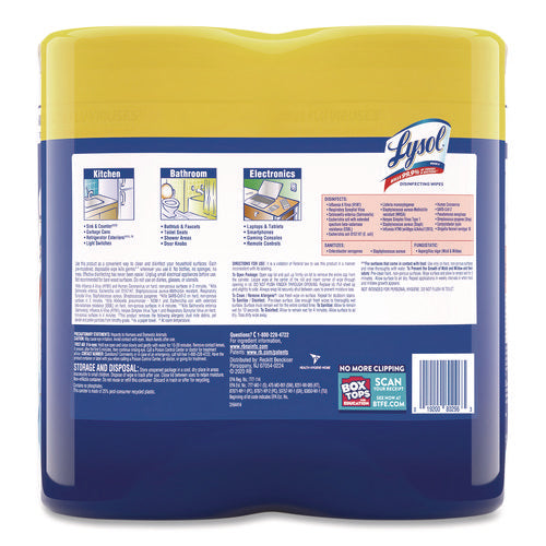 Image of LYSOL® Brand Disinfecting Wipes, 1-Ply, 7 x 7.25, Lemon and Lime Blossom, White, 80 Wipes/Canister, 2 Canisters/Pack, 3 Packs/Carton