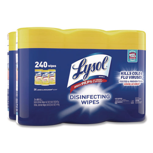 Image of LYSOL® Brand Disinfecting Wipes, 1-Ply, 7 x 7.25, Lemon and Lime Blossom, White, 80 Wipes/Canister, 3 Canisters/Pack, 2 Packs/Carton