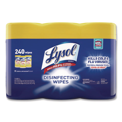 Image of LYSOL® Brand Disinfecting Wipes, 1-Ply, 7 x 7.25, Lemon and Lime Blossom, White, 80 Wipes/Canister, 3 Canisters/Pack, 2 Packs/Carton