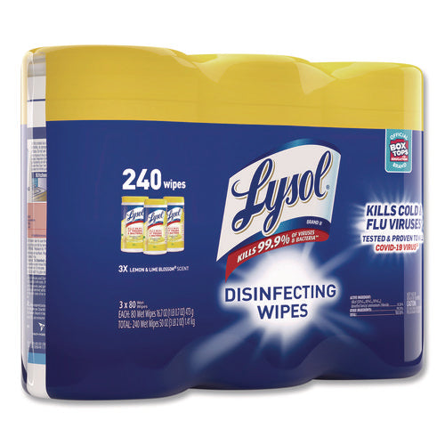 Image of LYSOL® Brand Disinfecting Wipes, 1-Ply, 7 x 7.25, Lemon and Lime Blossom, White, 80 Wipes/Canister, 3 Canisters/Pack, 2 Packs/Carton