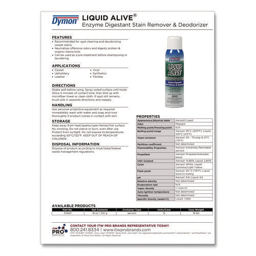 Image of Dymon® Liquid Alive Carpet Cleaner/deodorizer, 20 Oz Aerosol Spray, 12/carton