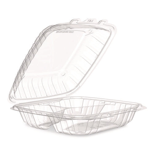 Image of Dart® Microwaveable Hinged Containers, ProPlanet, 3 Compartments, 9 x 8.75 x 3, Clear, Plastic,150/Carton