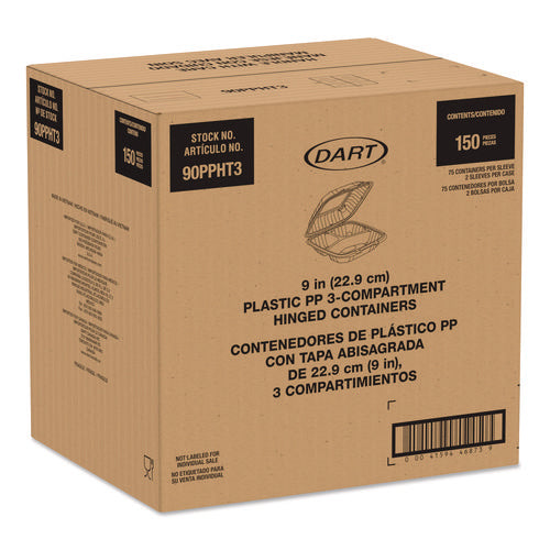 Image of Dart® Microwaveable Hinged Containers, ProPlanet, 3 Compartments, 9 x 8.75 x 3, Clear, Plastic,150/Carton