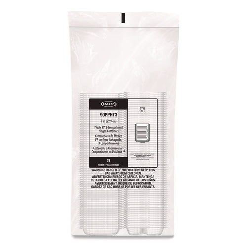 Image of Dart® Microwaveable Hinged Containers, ProPlanet, 3 Compartments, 9 x 8.75 x 3, Clear, Plastic,150/Carton