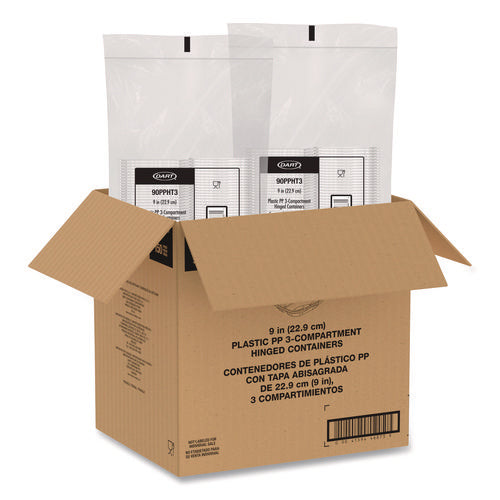 Image of Dart® Microwaveable Hinged Containers, ProPlanet, 3 Compartments, 9 x 8.75 x 3, Clear, Plastic,150/Carton