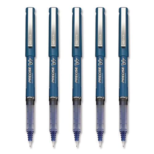 Image of Pilot® Precise V7 Rollerball Pen, Stick, Fine 0.7 mm, Blue Ink, Blue/Clear Barrel, 5/Pack
