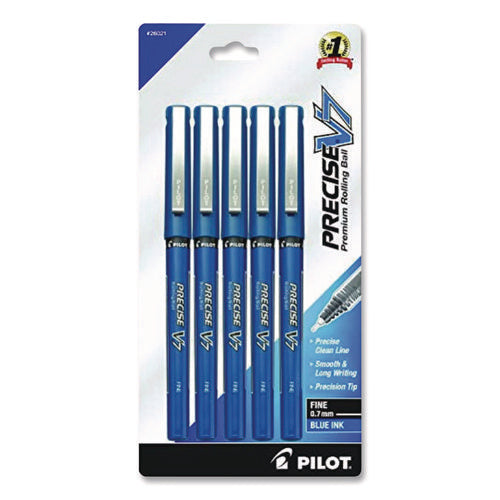 Image of Pilot® Precise V7 Rollerball Pen, Stick, Fine 0.7 mm, Blue Ink, Blue/Clear Barrel, 5/Pack
