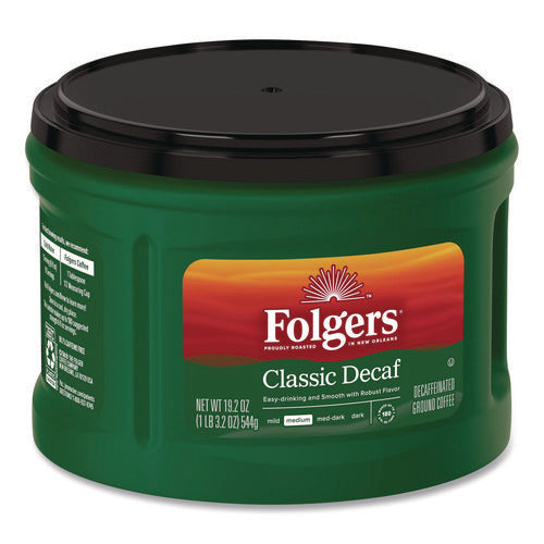 Image of Folgers® Classic Decaf Ground Coffee, Classic Roast Decaffeinated, 19.2 oz, Can, 6/Carton