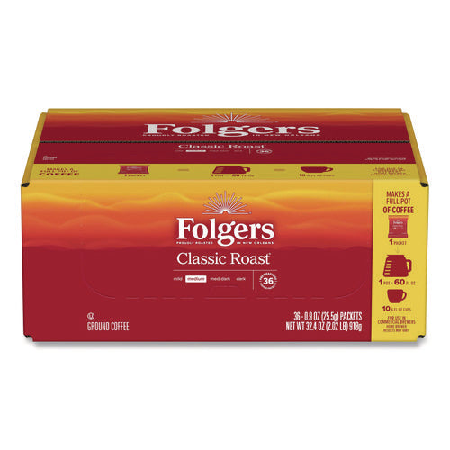 Image of Folgers® Classic Roast Ground Coffee Fraction Pack, 0.9 oz Fractional Pack, 36/Carton
