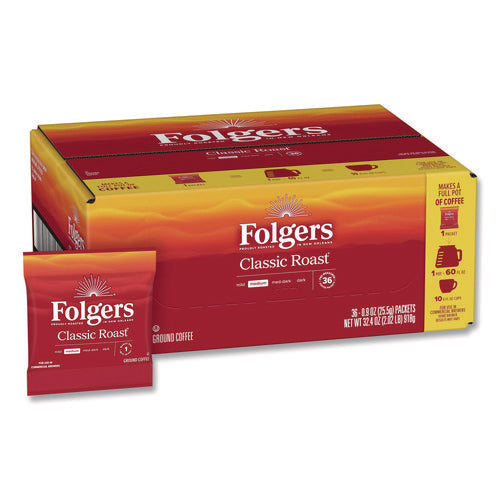 Image of Folgers® Classic Roast Ground Coffee Fraction Pack, 0.9 oz Fractional Pack, 36/Carton