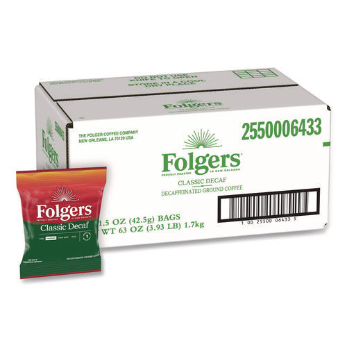 Image of Folgers® Classic Decaf Ground Coffee Fraction Pack, Classic Roast Decaf, 1.5 oz, 42/Carton
