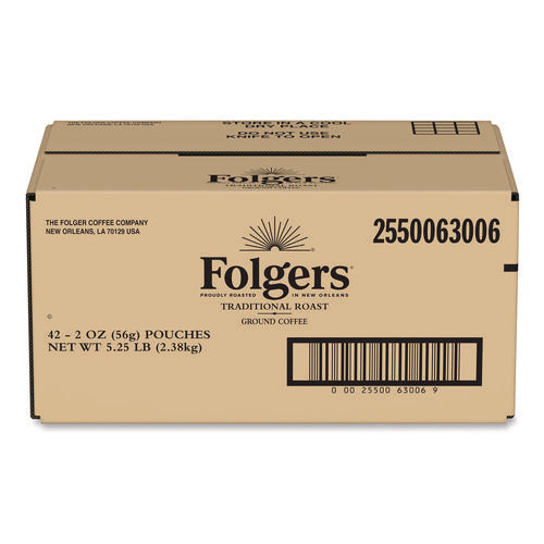 Image of Folgers® Traditional Roast Ground Coffee Fraction Packs, Traditional Roast, 2oz, 42/Carton