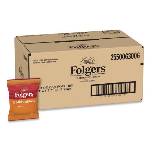 Image of Folgers® Traditional Roast Ground Coffee Fraction Packs, Traditional Roast, 2oz, 42/Carton