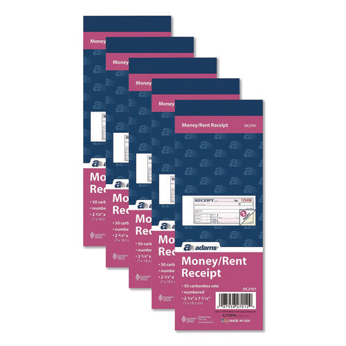 Image of Adams® Money/Rent Receipt Book, Two-Part Carbonless, 6.69 x 2.75, 50 Receipts/Book, 5 Books/Pack