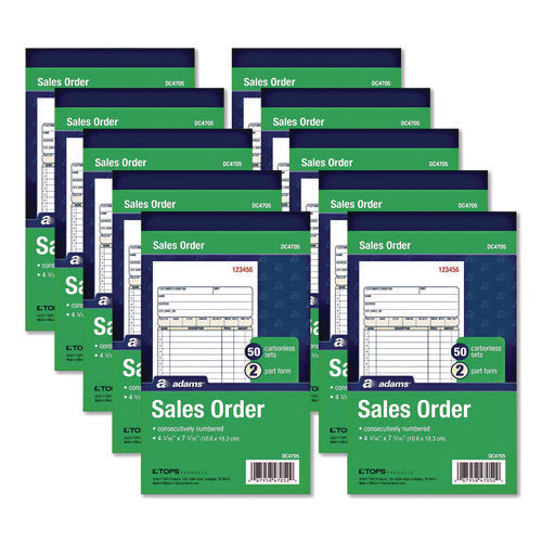 Image of Adams® Multipart Sales Order Pad, 12 Lines, Two-Part Carbonless, 4.19 x 6.69, 50 Forms/Pad, 10 Pads/Box